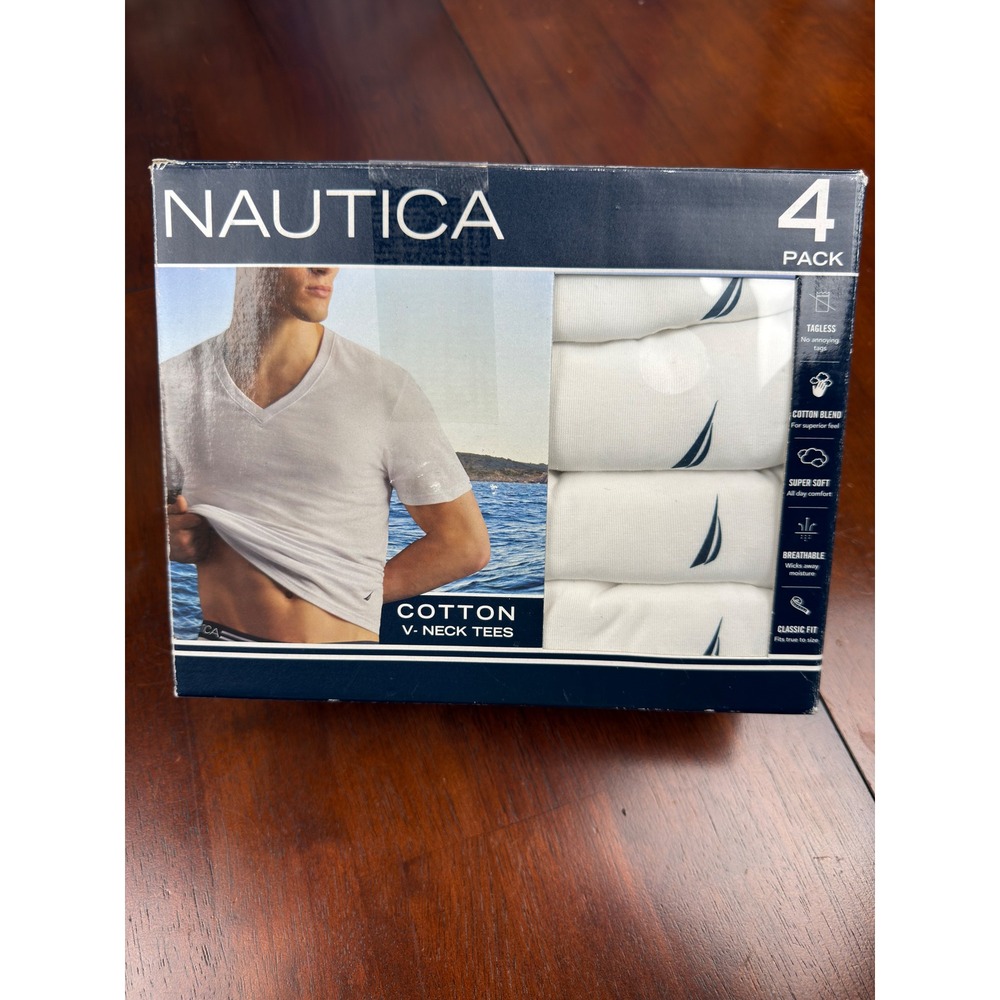 Nautica Mens 4 Pack Cotton Blend V-Neck Tees White XL 46-48 Undershirt NIB